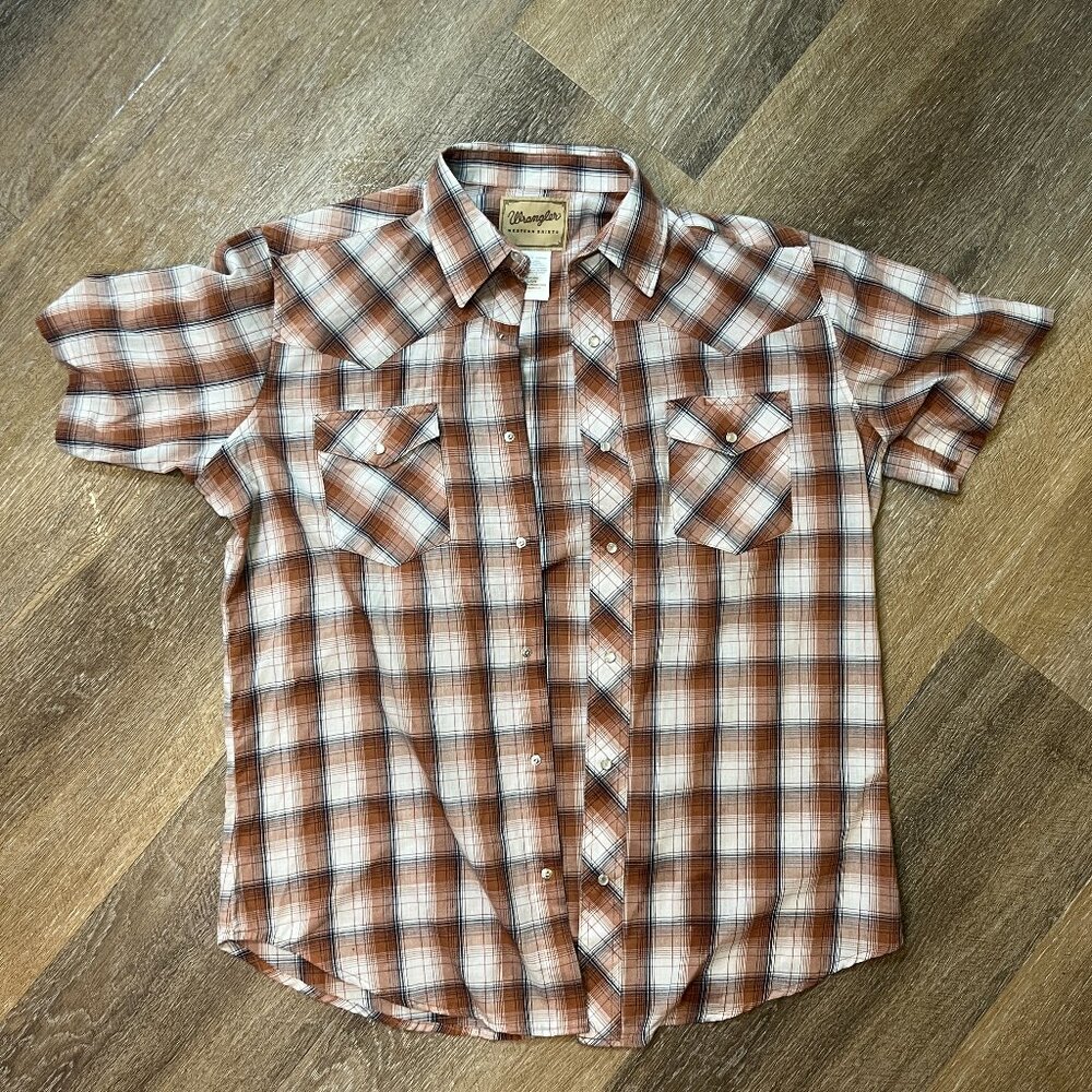 Wrangler Western Brown Plaid Short Sleeve Shirt - Pearl Snap - Men's Large - Picture 1 of 9